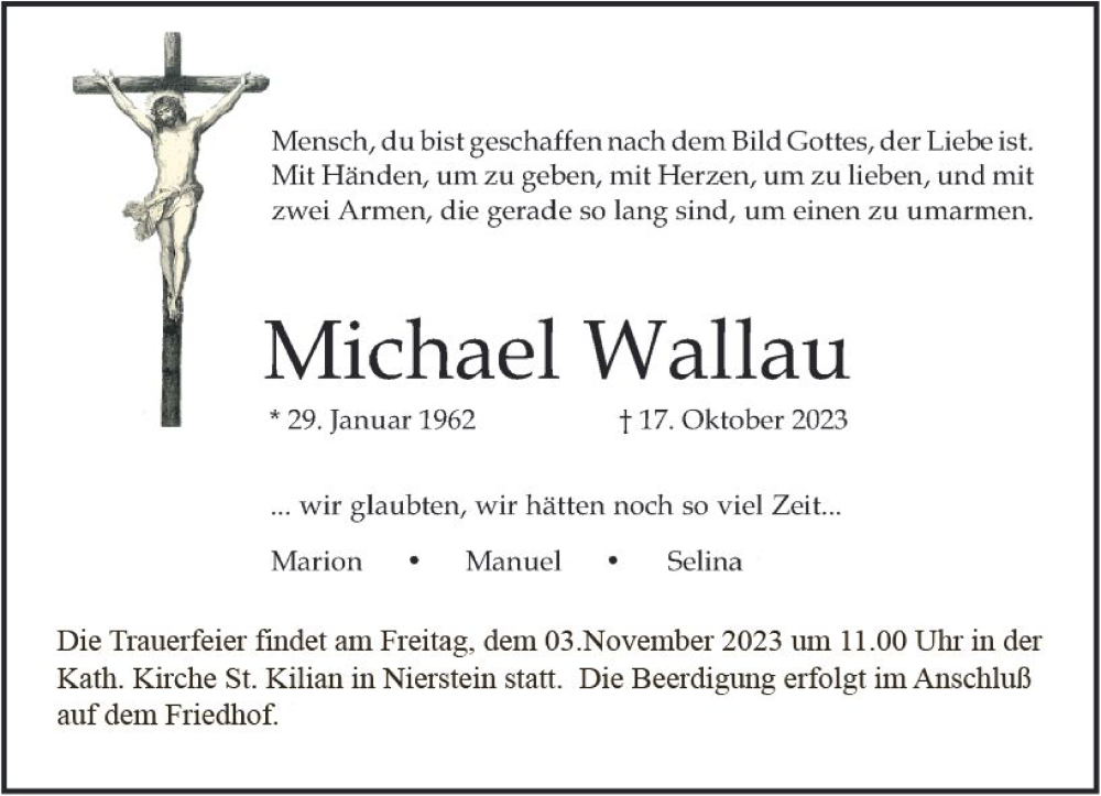 Traueranzeige für Michael Wallau vom 28.10.2023 aus Allgemeine Zeitung Mainz