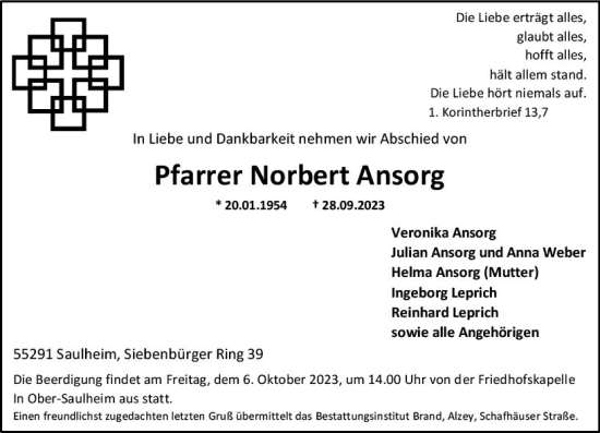 Traueranzeige von Norbert Ansorg von Allgemeine Zeitung Bingen/Ingelheim