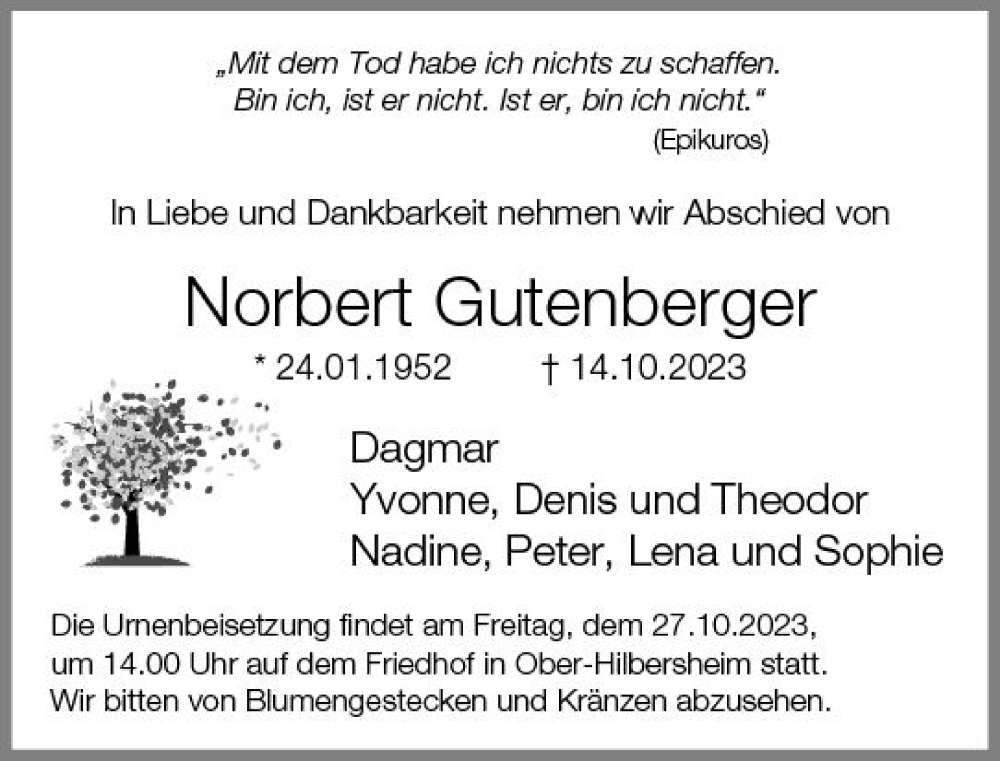  Traueranzeige für Norbert Gutenberger vom 27.10.2023 aus Allgemeine Zeitung Bingen/Ingelheim