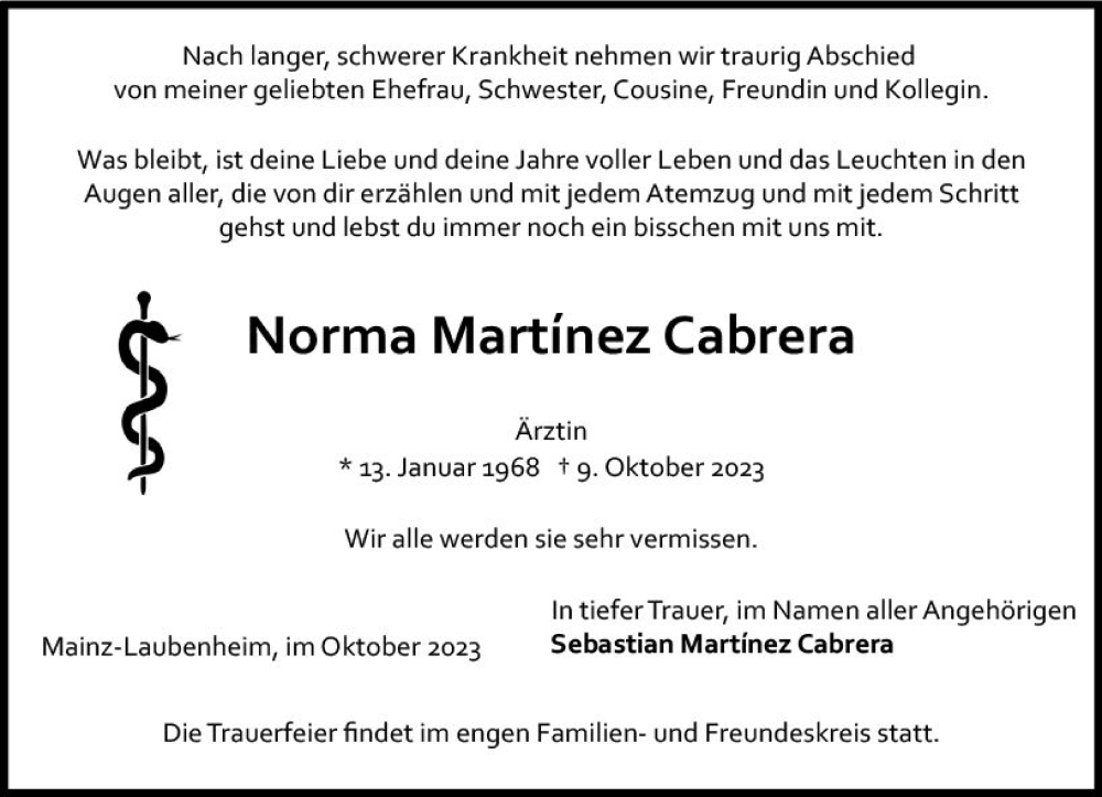  Traueranzeige für Norma Martinez Cabrera vom 21.10.2023 aus Allgemeine Zeitung Mainz