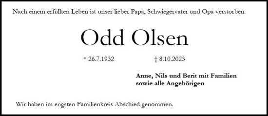Traueranzeige von Odd Olsen von Darmstädter Echo