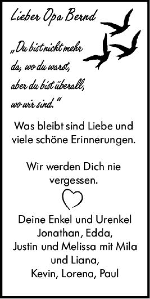  Traueranzeige für Opa Bernd  vom 25.10.2023 aus VRM Trauer