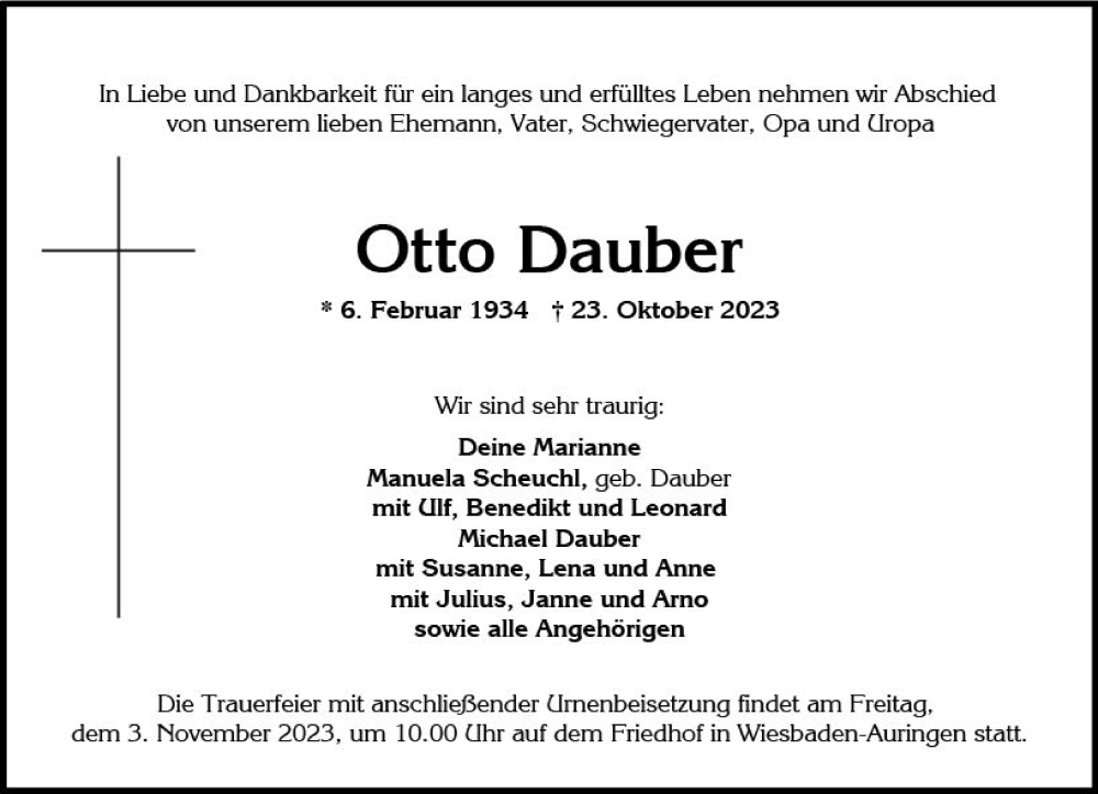  Traueranzeige für Otto Dauber vom 28.10.2023 aus Wiesbadener Kurier