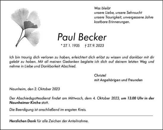 Traueranzeige von Paul Becker von Wetzlarer Neue Zeitung