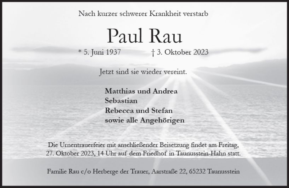  Traueranzeige für Paul Rau vom 21.10.2023 aus Wiesbadener Kurier
