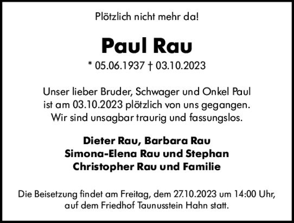  Traueranzeige für Paul Rau vom 21.10.2023 aus Wiesbadener Kurier