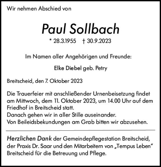 Traueranzeige von Paul Sollbach von Dill Block