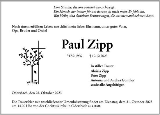 Traueranzeige von Paul Zipp von Weilburger Tageblatt