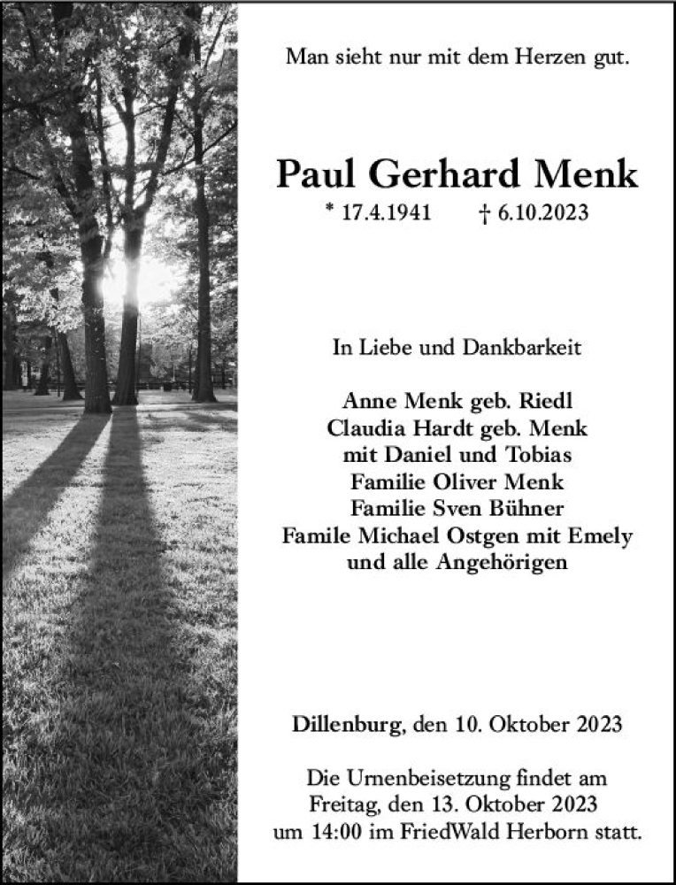  Traueranzeige für Paul Gerhard Menk vom 10.10.2023 aus Dill Block