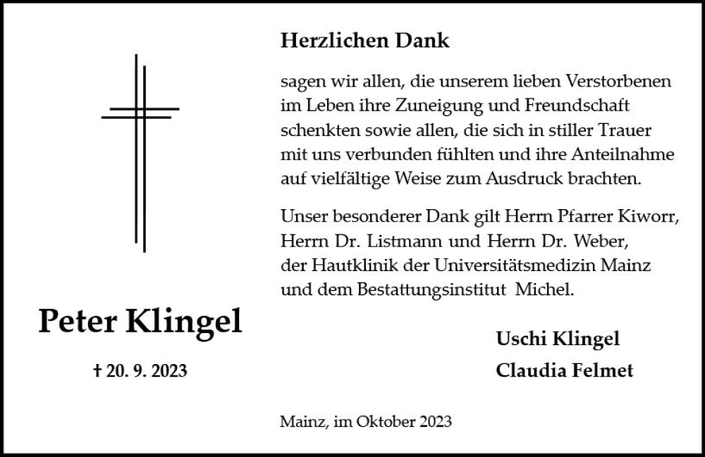  Traueranzeige für Peter Klingel vom 28.10.2023 aus Allgemeine Zeitung Mainz