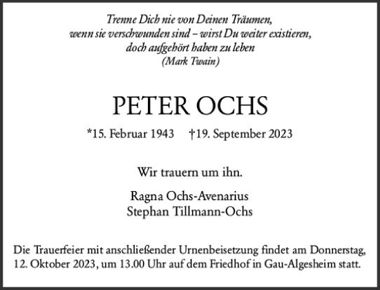 Traueranzeige von Peter Ochs von Allgemeine Zeitung Bingen/Ingelheim