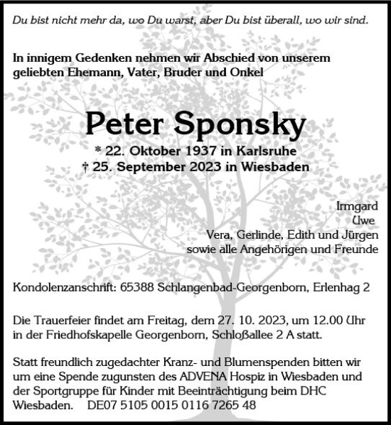 Traueranzeige von Peter Sponsky von Wiesbadener Kurier