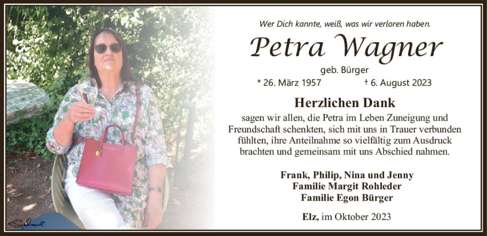  Traueranzeige für Petra Wagner vom 14.10.2023 aus Nassauische Neue Presse