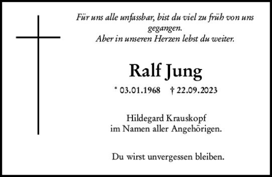 Traueranzeige von Ralf Jung von Weilburger Tageblatt