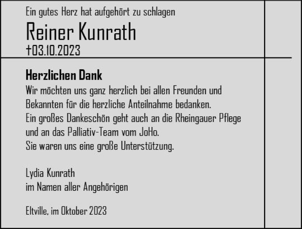  Traueranzeige für Reiner Kunrath vom 28.10.2023 aus Rheingau Kurier