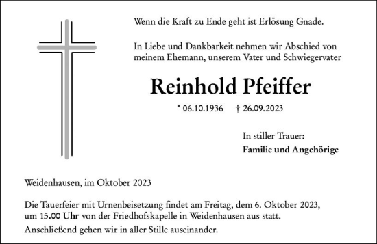Traueranzeige von Reinhold Pfeiffer von Hinterländer Anzeiger