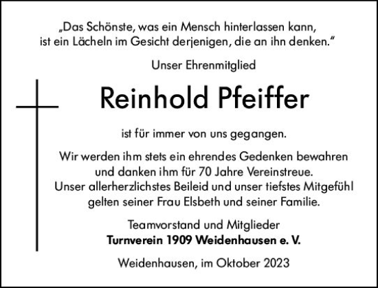 Traueranzeige von Reinhold Pfeiffer von Hinterländer Anzeiger