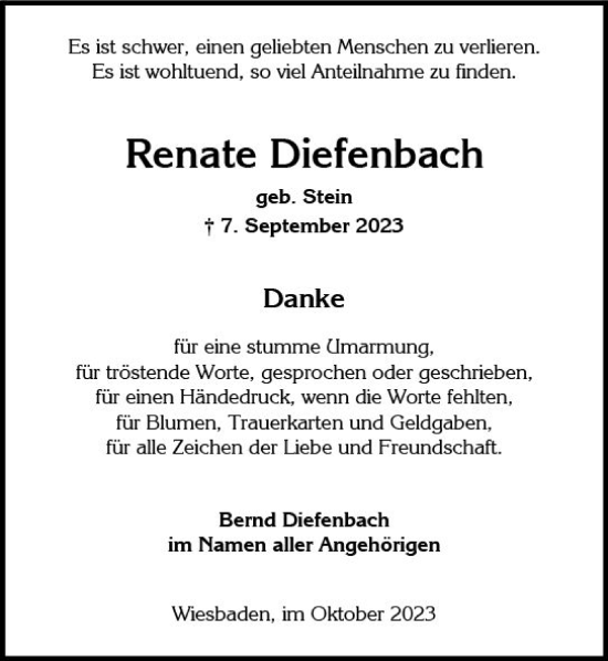 Traueranzeige von Renate Diefenbach von Wiesbadener Kurier
