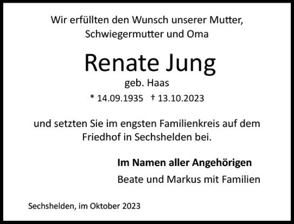  Traueranzeige für Renate Jung vom 21.10.2023 aus Dill Block