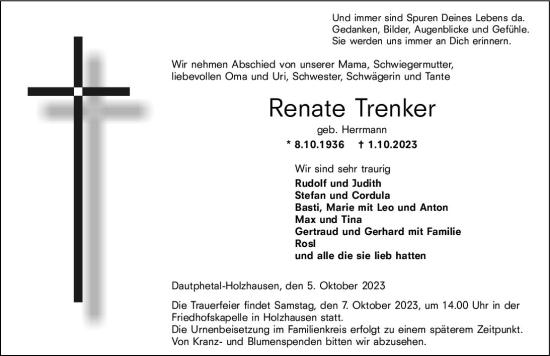 Traueranzeige von Renate Trenker von Hinterländer Anzeiger