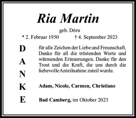 Traueranzeige von Ria Martin von Camberger Anzeiger