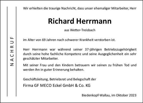 Traueranzeige von Richard Herrmann von Hinterländer Anzeiger