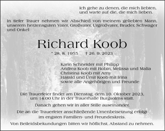 Traueranzeige von Richard Koob von Wetzlarer Neue Zeitung