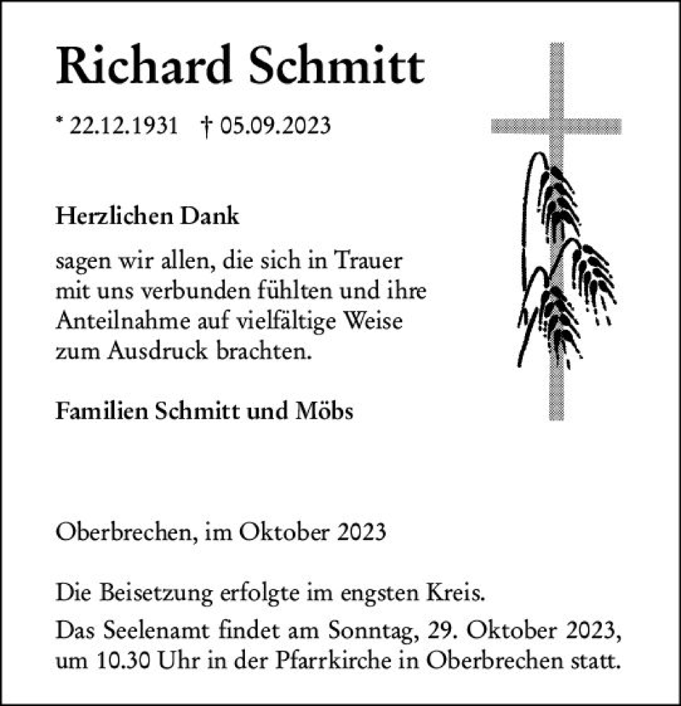  Traueranzeige für Richard Schmitt vom 19.10.2023 aus Camberger Anzeiger
