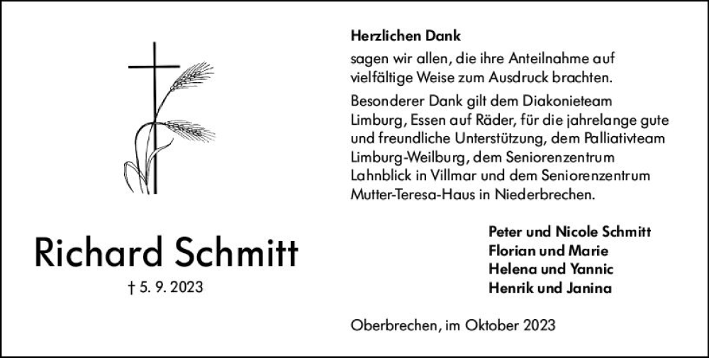  Traueranzeige für Richard Schmitt vom 19.10.2023 aus Camberger Anzeiger