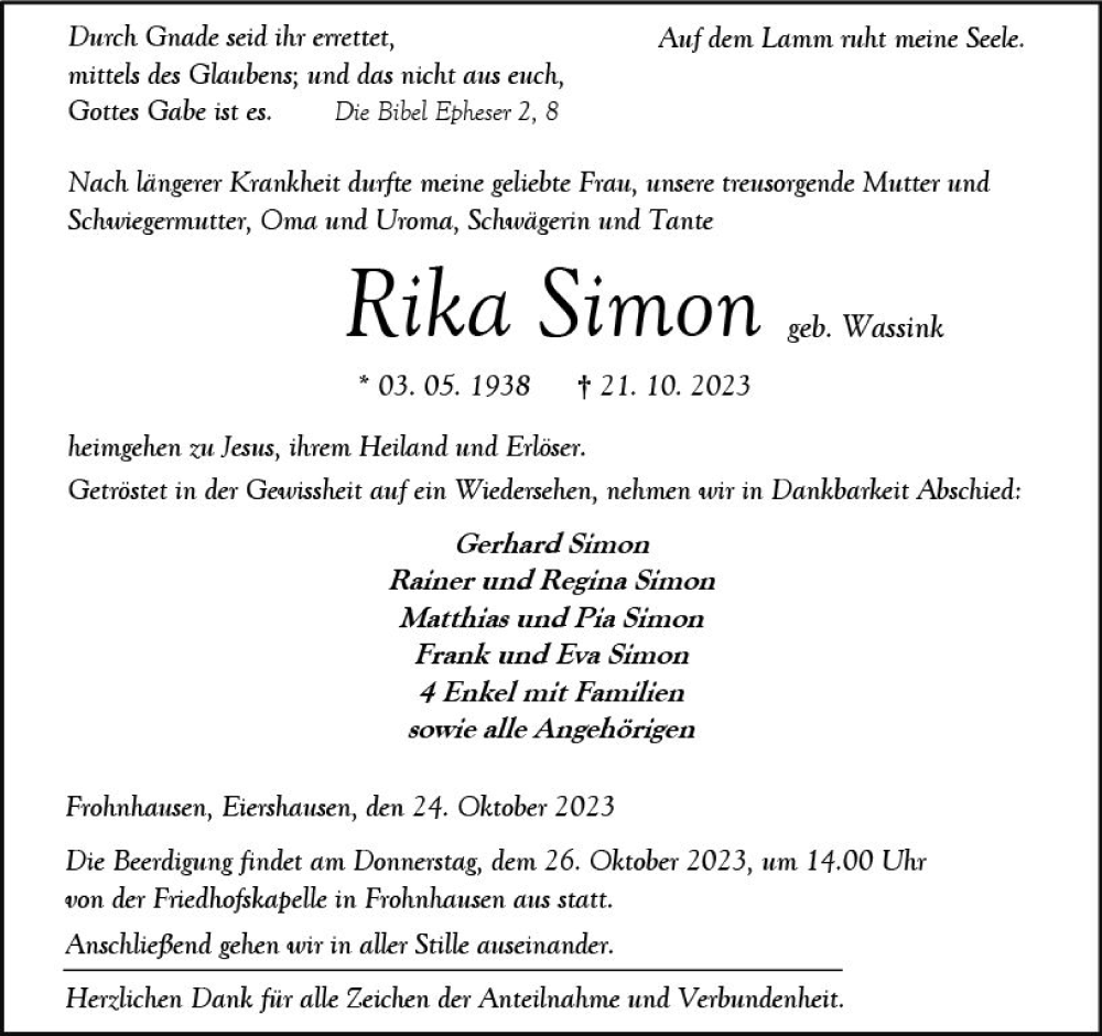  Traueranzeige für Rika Simon vom 24.10.2023 aus Dill Block