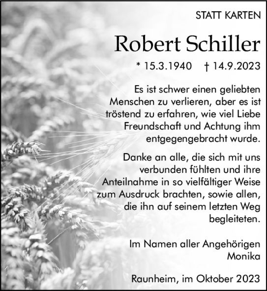  Traueranzeige für Robert Schiller vom 07.10.2023 aus Rüsselsheimer Echo