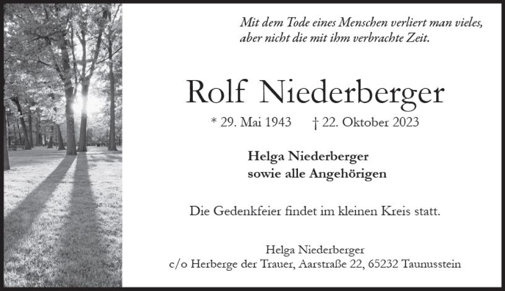  Traueranzeige für Rolf Niederberger vom 28.10.2023 aus Wiesbadener Kurier