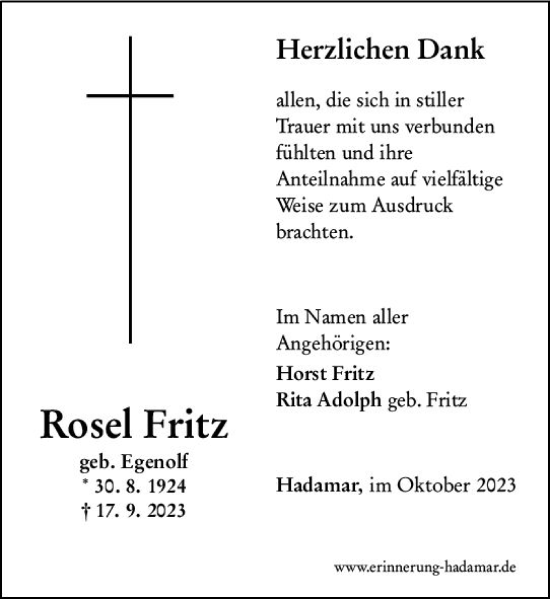 Traueranzeige von Rosel Fritz von Nassauische Neue Presse