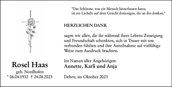 Traueranzeige von Rosel Haas von Nassauische Neue Presse