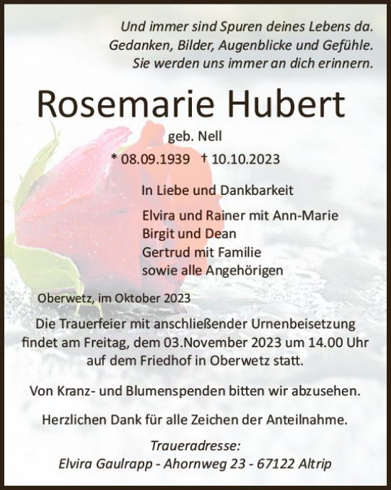 Traueranzeige von Rosemarie Hubert von Wetzlarer Neue Zeitung