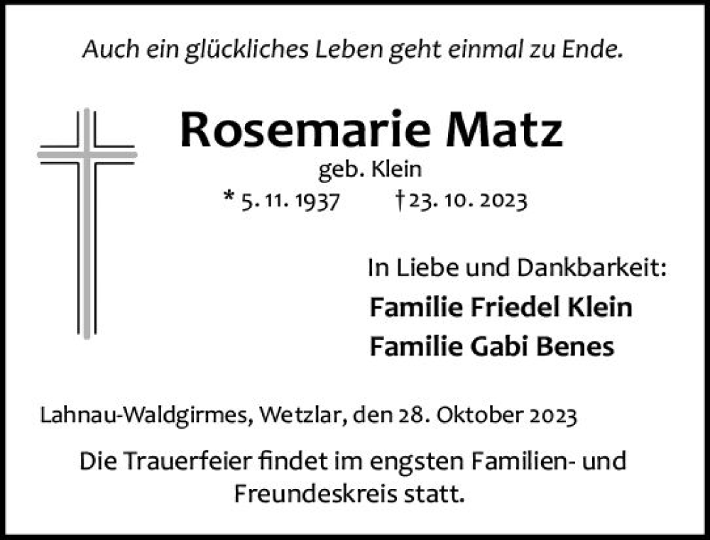  Traueranzeige für Rosemarie Matz vom 28.10.2023 aus Wetzlarer Neue Zeitung