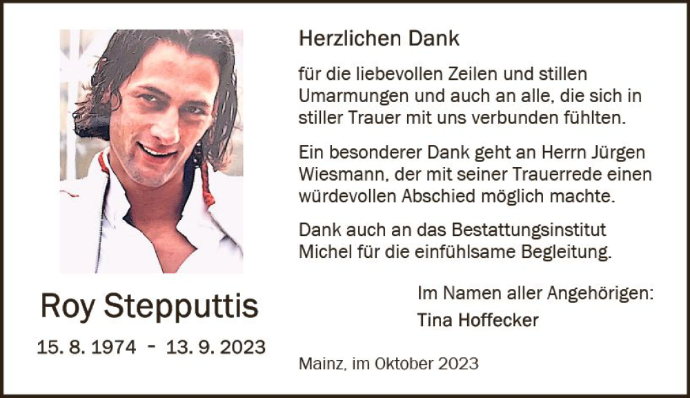  Traueranzeige für Roy Stepputtis vom 28.10.2023 aus Allgemeine Zeitung Mainz