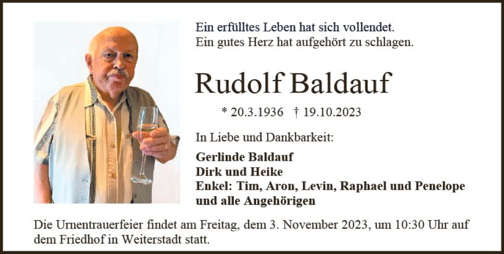  Traueranzeige für Rudolf Baldauf vom 28.10.2023 aus Darmstädter Echo