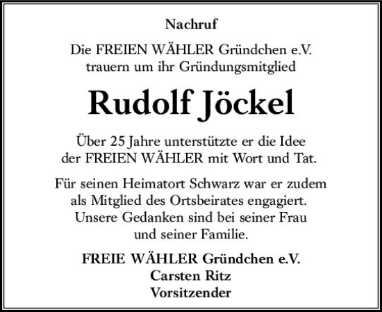 Traueranzeige von Rudolf Jöckel von VRM Trauer