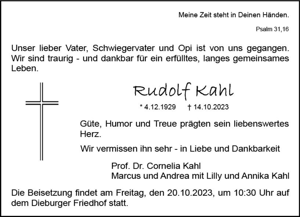  Traueranzeige für Rudolf Kahl vom 19.10.2023 aus Dieburger Anzeiger/Groß-Zimmerner Lokal-Anzeiger
