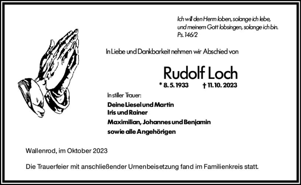  Traueranzeige für Rudolf Loch vom 28.10.2023 aus VRM Trauer
