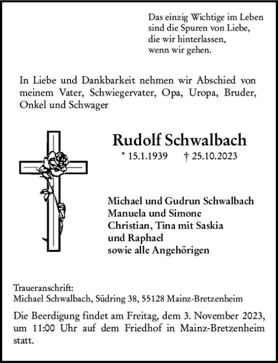 Traueranzeige von Rudolf Schwalbach von Allgemeine Zeitung Mainz