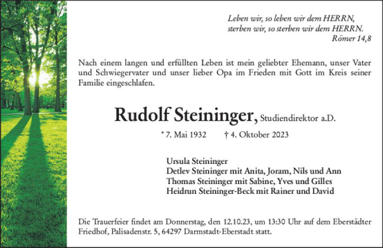 Traueranzeige von Rudolf Steininger von Darmstädter Echo