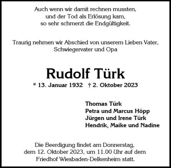 Traueranzeige von Rudolf Türk von Wiesbadener Kurier