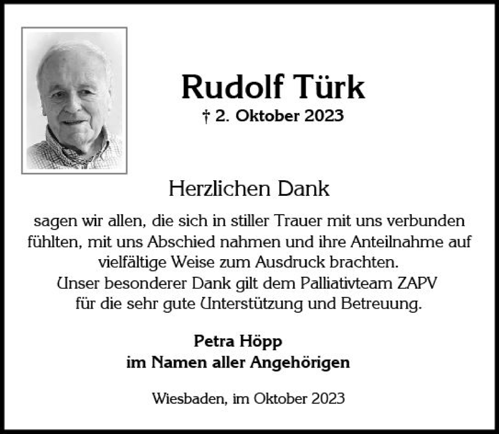  Traueranzeige für Rudolf Türk vom 21.10.2023 aus Wiesbadener Kurier