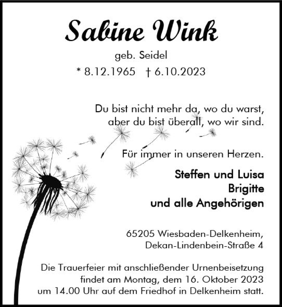  Traueranzeige für Sabine Wink vom 13.10.2023 aus Wiesbadener Kurier