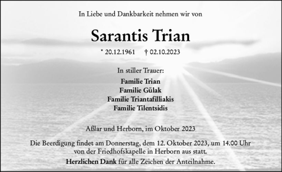 Traueranzeige von Sarantis Trian von Dill Block