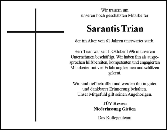 Traueranzeige von Sarantis Trian von Dill Block