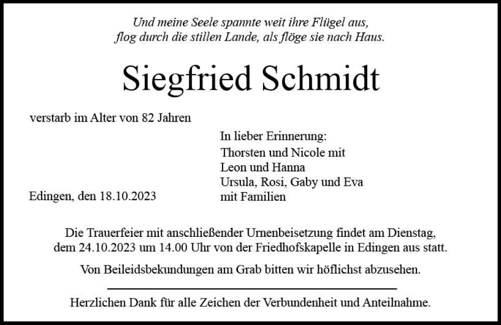  Traueranzeige für Siegfried Schmidt vom 18.10.2023 aus Dill Block