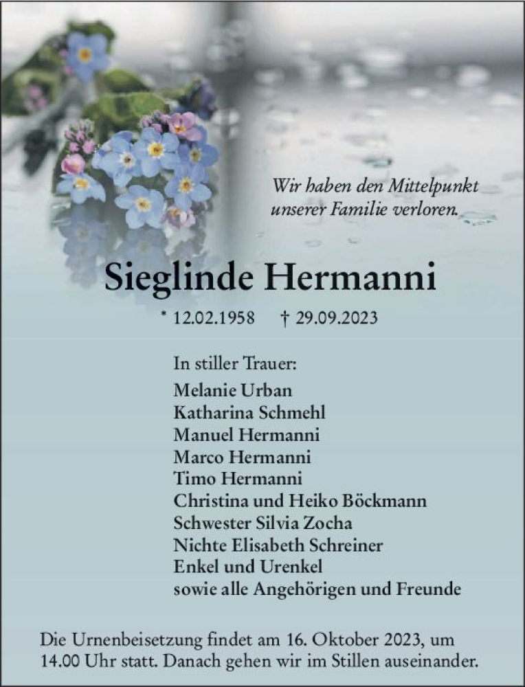  Traueranzeige für Sieglinde Hermanni vom 11.10.2023 aus Dill Block